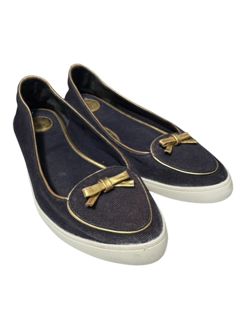 TORY BURCH Women's Dakota Canvas Ballet Slip-On Shoes - Navy Blue/ Gold Bow Sz 9